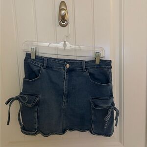Blue Blush Denim Mini Skirt with Side Pockets & bows